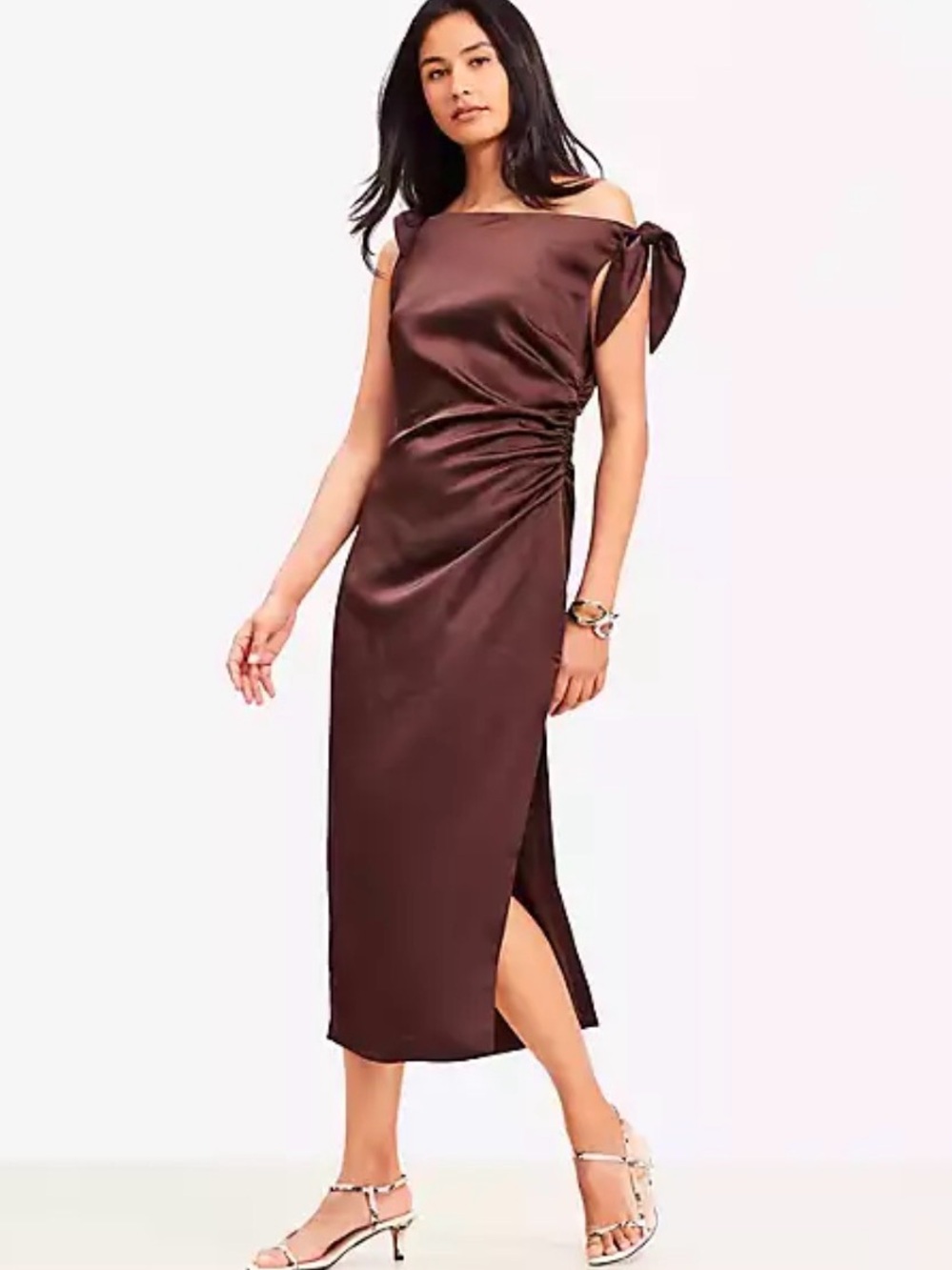 LOFT Chocolate Brown Satin Midi Dress
